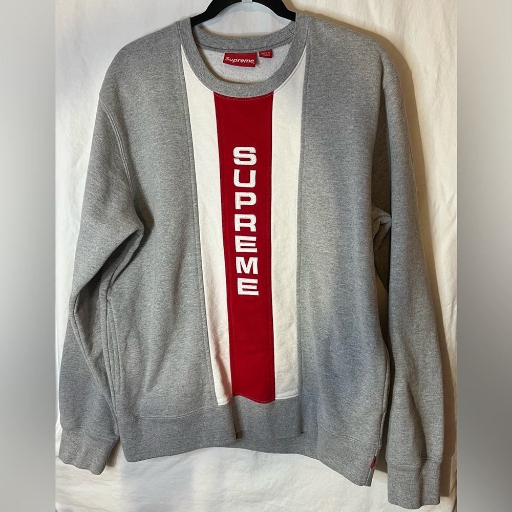 Supreme Vertical Logo Red and White Panel Crewneck Sweatshirt